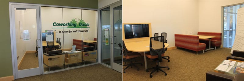 Image displaying the outside of the Coworking Oasis room on the left side and the inside of the room on the right side of the image.