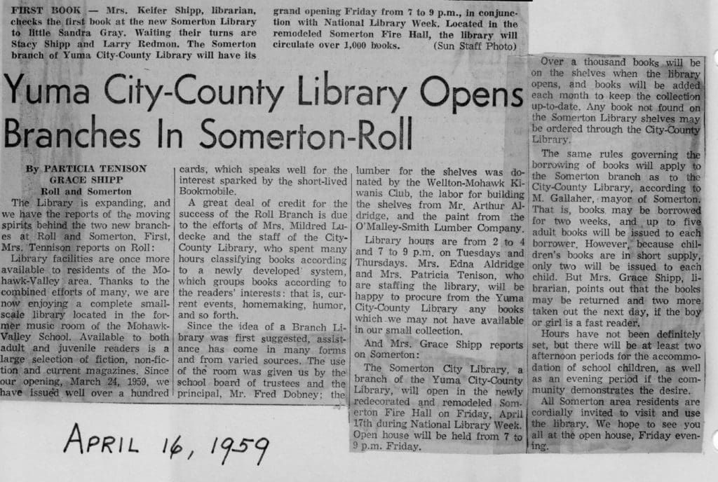 Somerton-Roll Library newspaper clipping, 1959